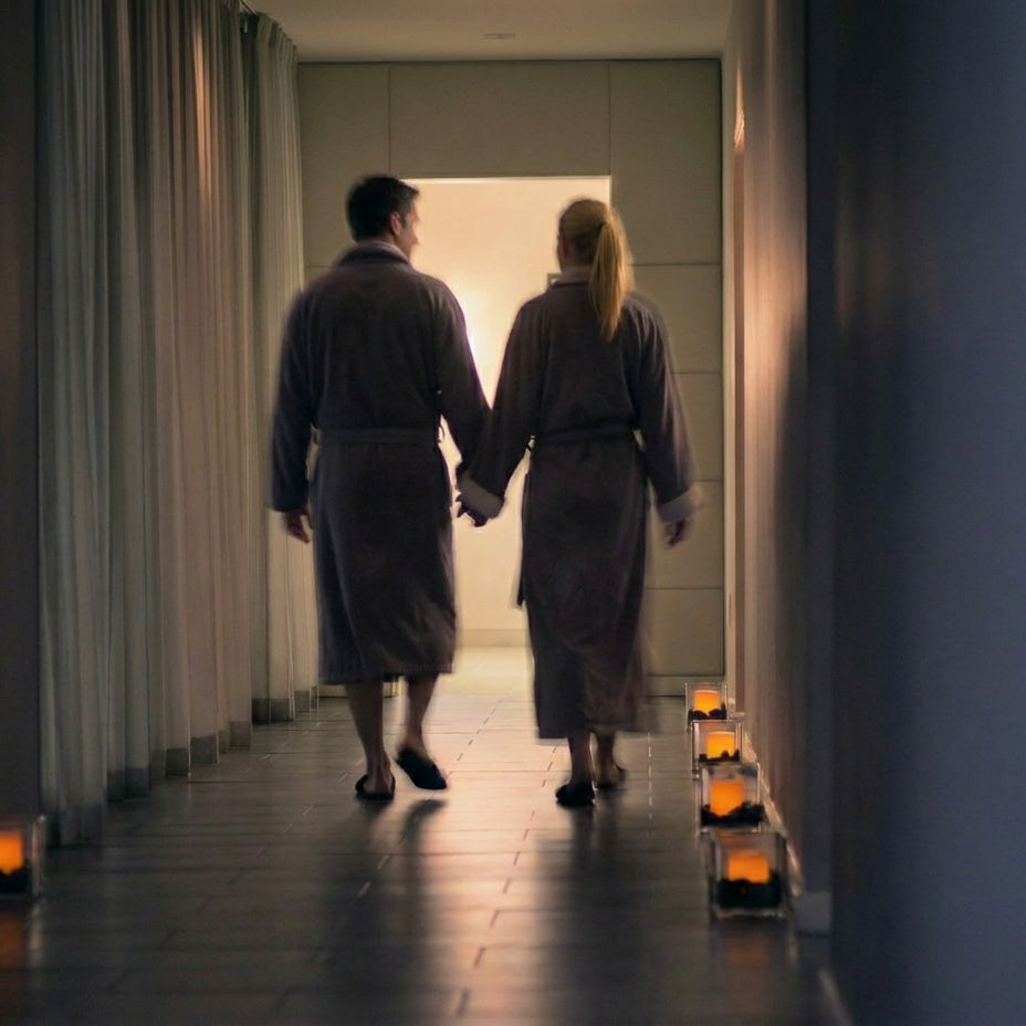 A couple enjoying a spa day, walking down a dimly lit spa hallway.