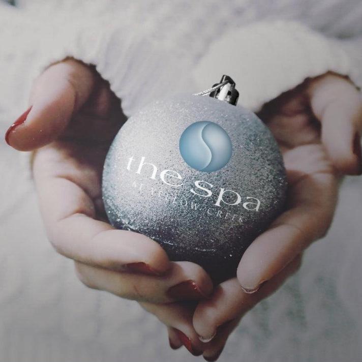 A hand holding a sparkling blue manicure ball with 'the spa' branding on it.