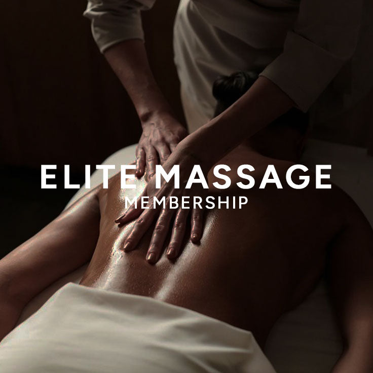 A close-up of a massage therapist's hands applying oil to a person's back during an massage session, with the text 'ELITE MASSAGE MEMBERSHIP' overlaid across the center.