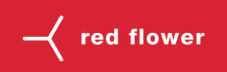 Red flower logo on a solid red background, with white text reading 'red flower' and a white stylized flower icon.