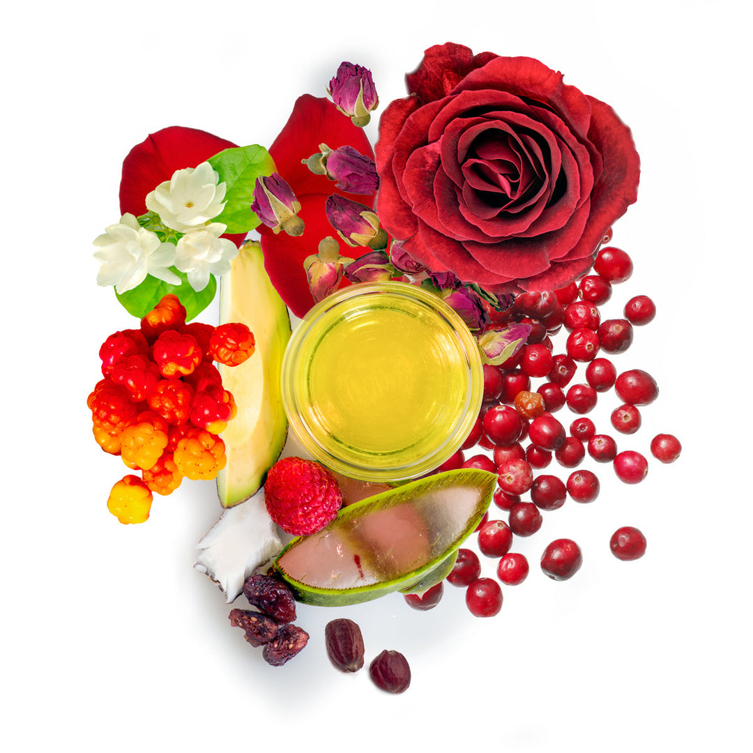 Red Flower Illuminating Rose Serum ingredients with rose petals and berries
