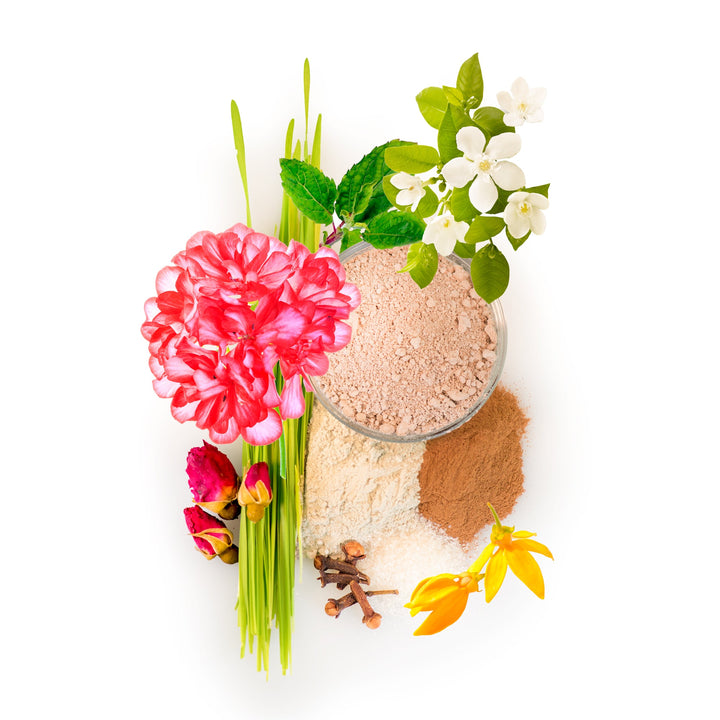 Red Flower Jasmine Rose Rhassoul Clay ingredient flat lay with pink rose, jasmine and rhassoul clay