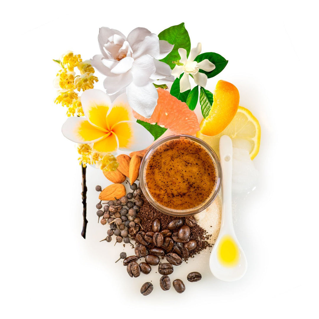 Official Red Flower Lemon Coffee Blossom Olive Stone Scrub ingredient photograph