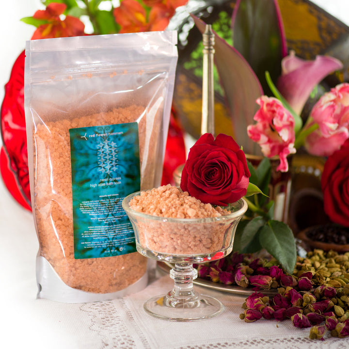 Neroli Cypress High Atlas Mineral Soak salts, Red Flower pouch and botanical styling