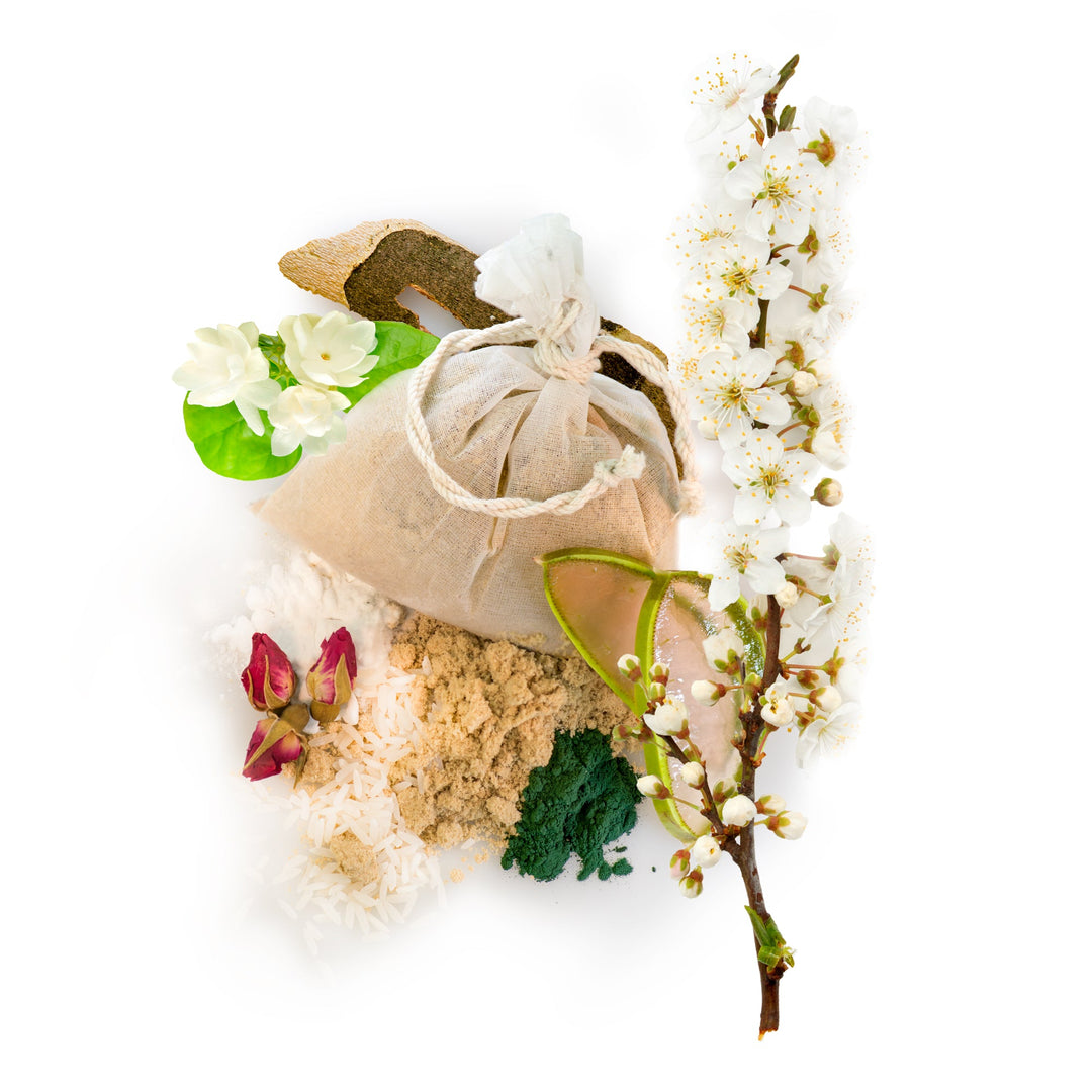 Wild Cherry Blossom Rice Buff ingredients flat lay — Red Flower original product photograph