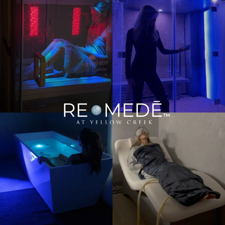 RE·MEDĒ Spring Reset circuit at The Spa at Yellow Creek featuring Infrared Sauna, Cold Plunge, PEMF Therapy, and Halotherapy salt room.